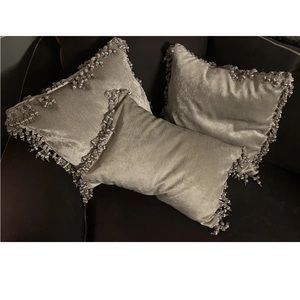 Pillows Decoration Italian Velvet  With Fringe Light Silver/Grey  Set 3 NEW